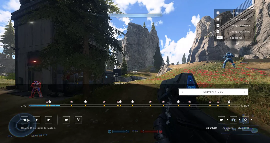 Halo Infinite Theater replay with a match timeline, event markers, and playback controls